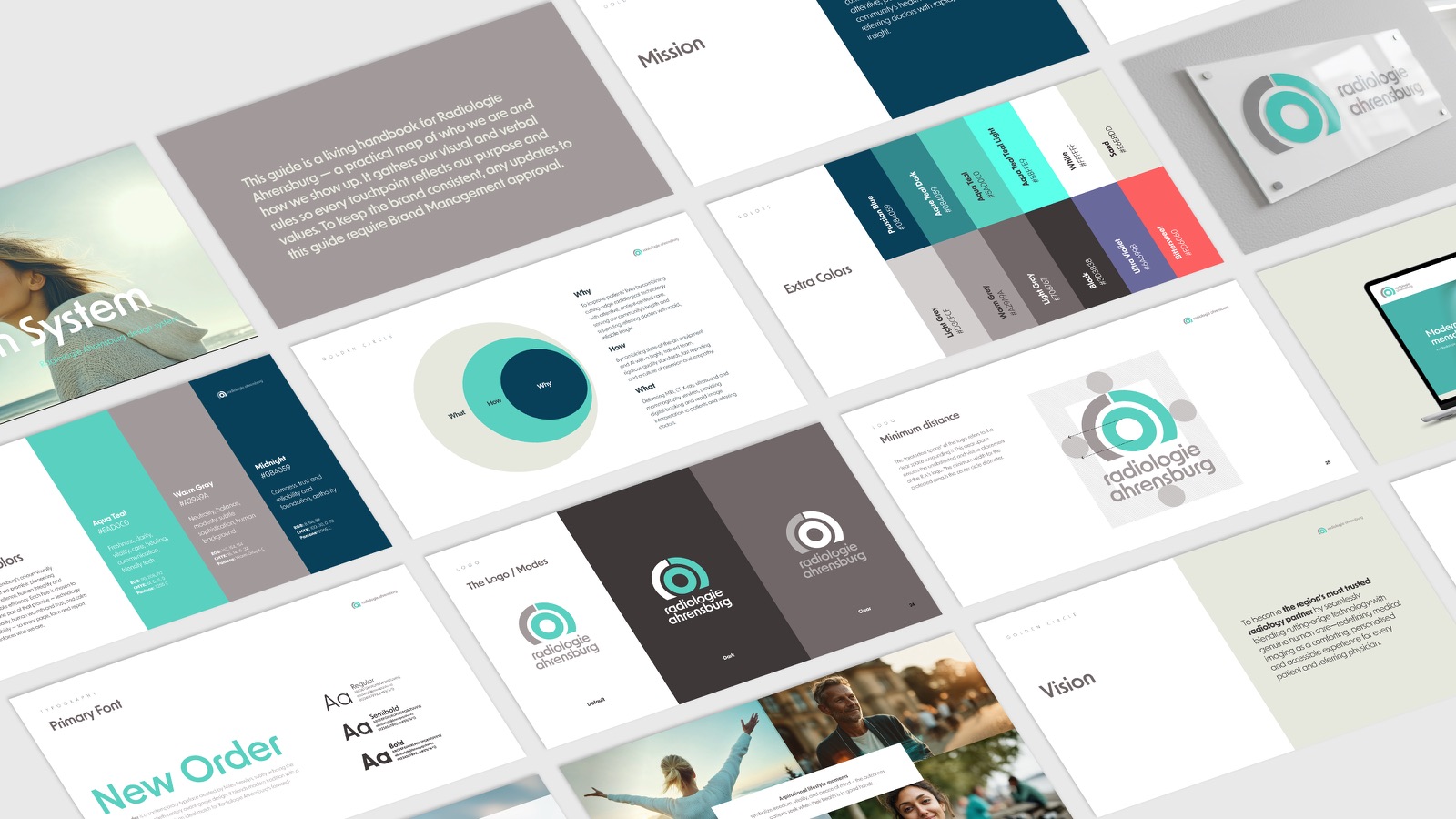 Radiologie Ahrensburg brand identity system — logo, colour palette, typography, concentric ring mark